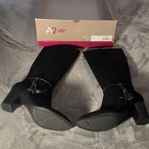 A2 By Aerosoles Black Suede Mid-Calf Block Heel Boots with Tassel Detail